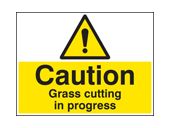 Caution grass cutting in progress sign