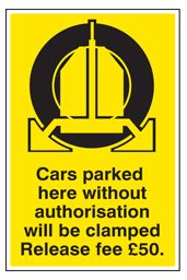 Cars parked clamped release fee £50 sign